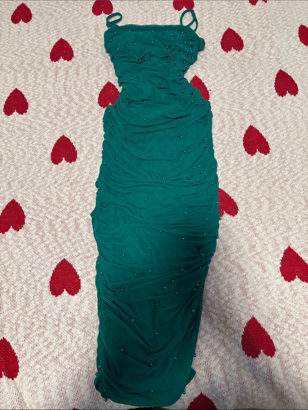 Teal Ruched Maxi Dress with Beaded Accents